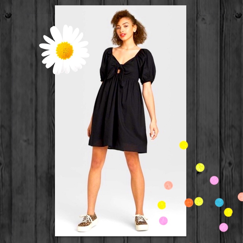 Black Tie Knot Puff Sleeves Babydoll Dress Size S